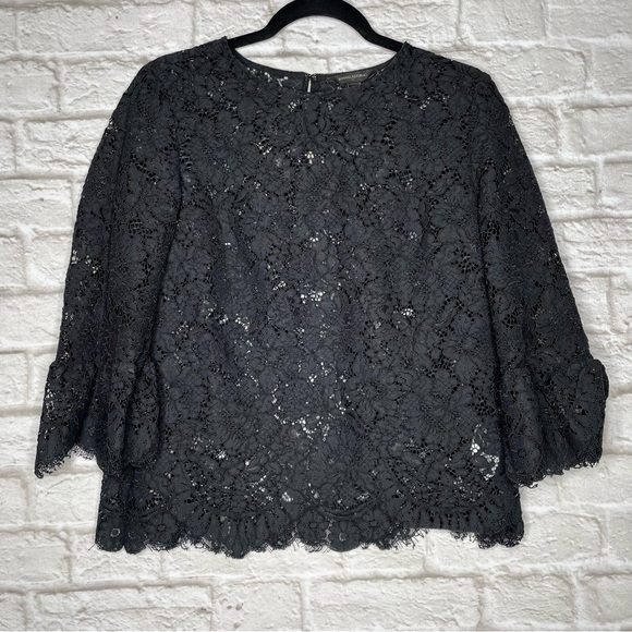 Banana Republic Lace Blouse Women’s S Black Fringe Bell Sleeve Keyhole - Picture 3 of 7